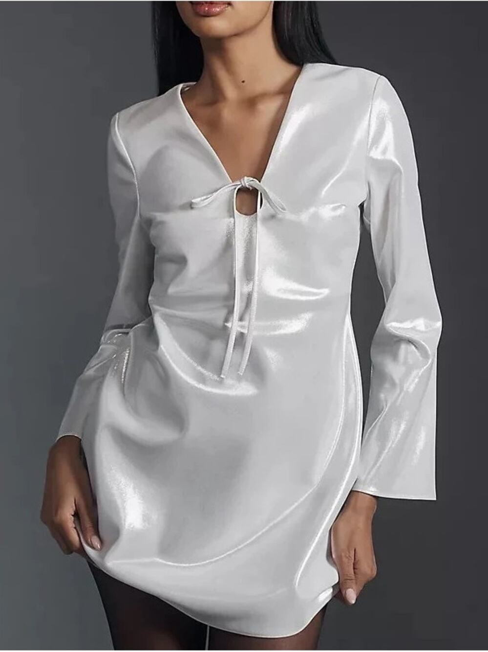 By Anthropologie Women’s Long Bell Sleeve V-Neck Metallic Pearl White Mini Dress